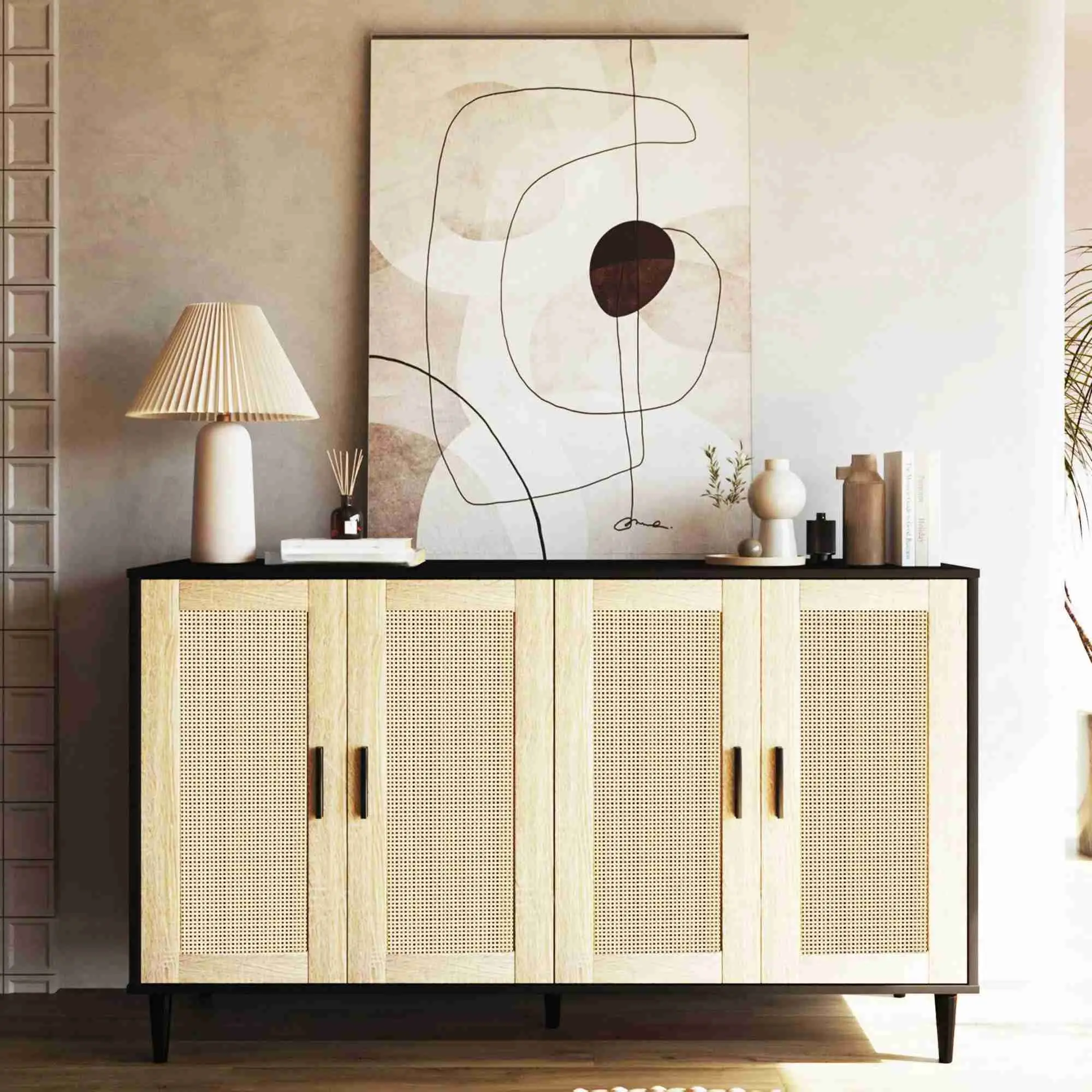 Durable Rattan Weave Sideboard Buffets Cabinet - Double Doors, Adjustable Shelves, Collectibles Display, Cottage Garden-Inspired Freestanding Wood Cupboard, for Living Room Entryway, Storage Organization, House & Room Decor, Assembly Required