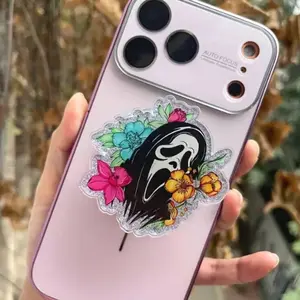 Floral Ghostface MagSafe Phone Grip, Spooky Horror Aesthetic Magnetic Phone Holder, Goth Glitter Popgrip, sticky Baby mount Library Card Flower-Shaped Multi-Functional Stand Universal Car Bat accessories