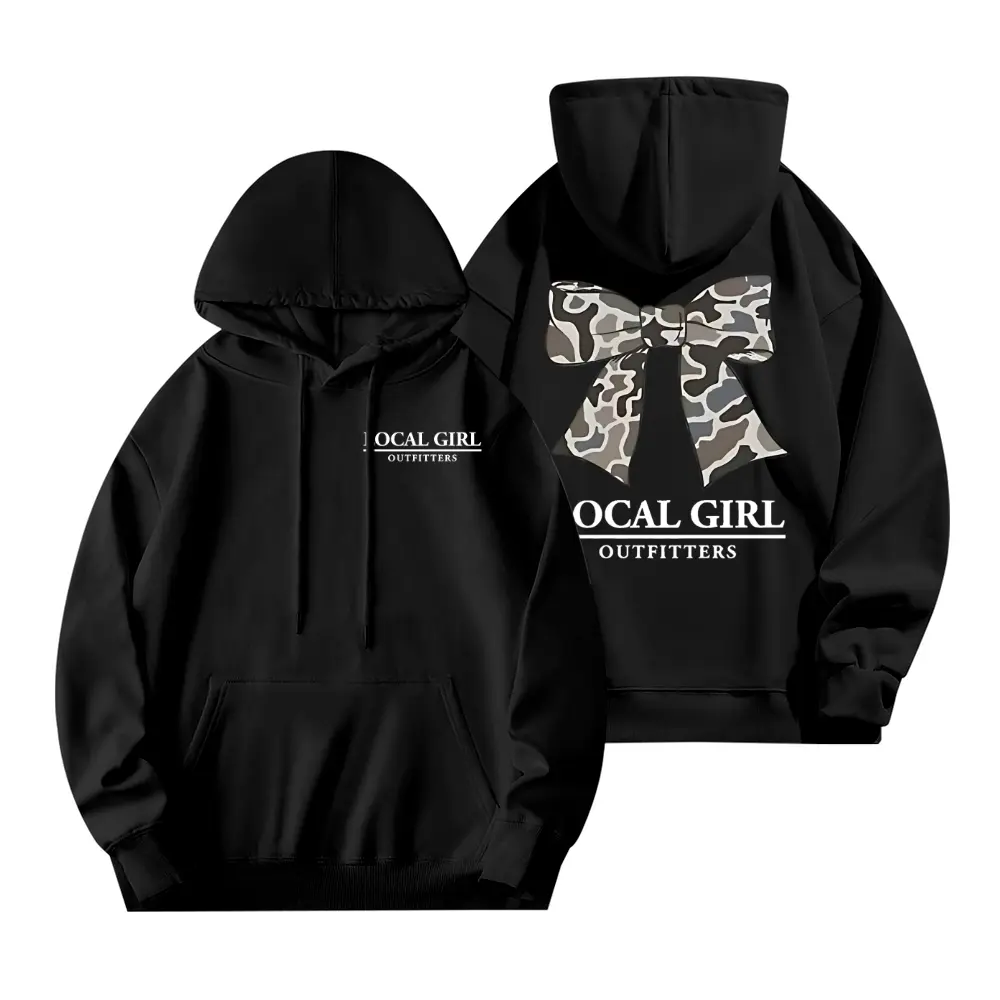 Women's Local Girl Coquette Bow Hoodie - Camouflage Graphic, Oversized Print, Longsleeves, Fitted, Comfortable Everyday Cute Tops, Made in USA Casual Pullover, Women's Clothes, Hoodies For Women