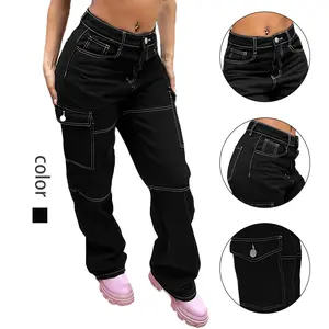 Black High - Rise Cargo Jeans for Women - Contrast Stitch Detail