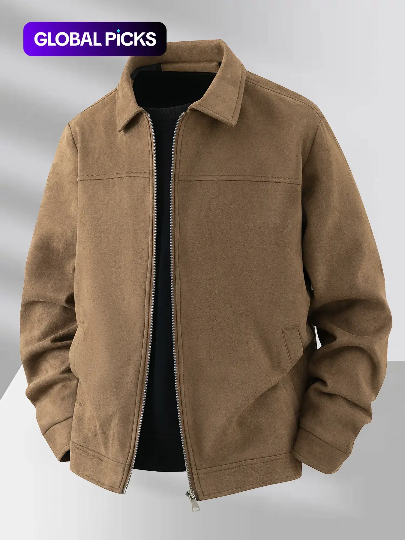 Men's Spring Collared Zipper Long Sleeve Jacket Coats, Casual Faux Suede Outerwear, Durable Fabric, Ideal for Daily Wear Menswear