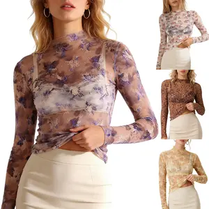Mundoven Sheer Tops for Women Long Sleeve Mock Neck Lace Mesh Top Sexy See Through Floral Tee Shirts Layering Blouse
