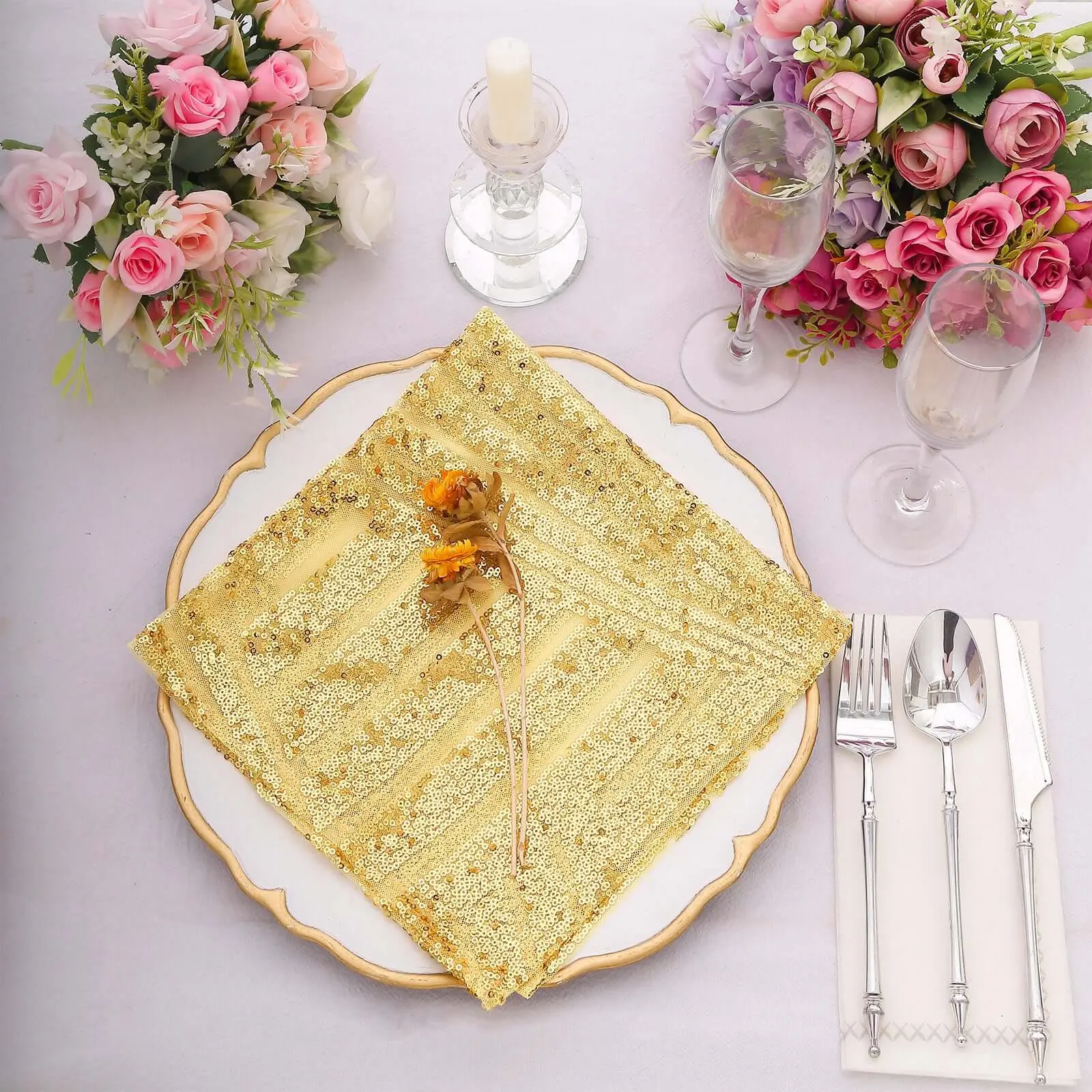 Gold Sequin Tableware Dinner Napkins, 20"x20" Diamond Pattern - Ideal for Glamorous Table Settings, Wedding Events