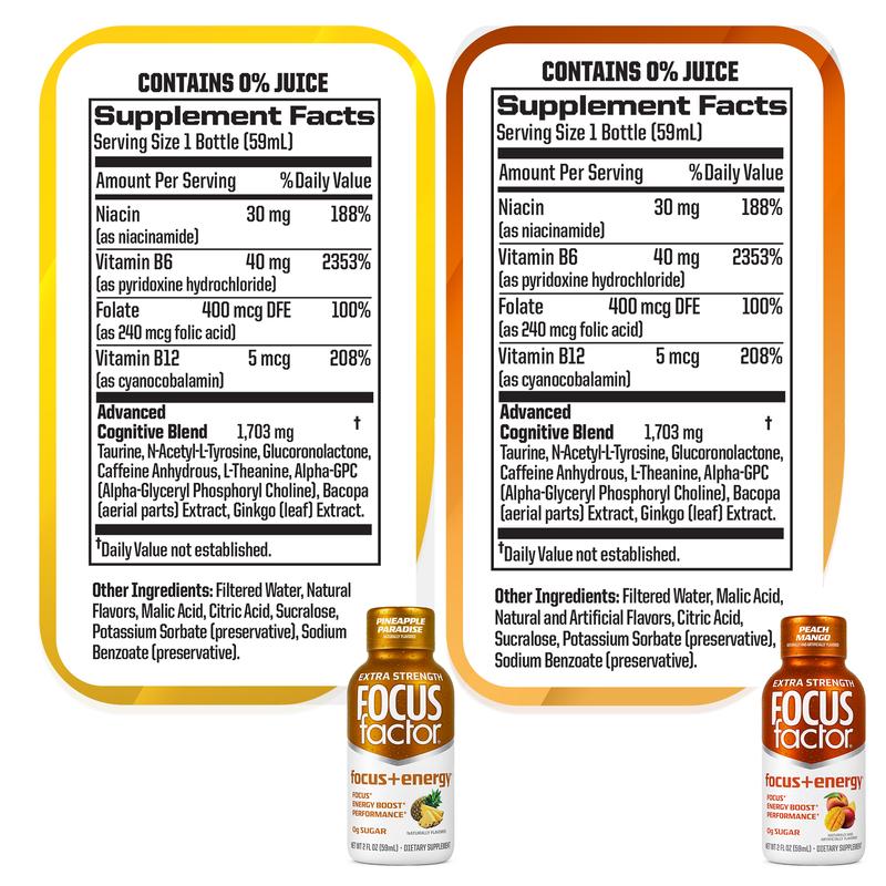 Focus Factor Focus + Energy Shots Extra Strength – Fast Focus, Intense Energy, Performance Support – Pack of 12 – 200mg Caffeine, Nootropics & B-Vitamins
