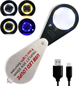 30x Jewelers loupe with Light and Four Types of Light, 22mm Triplet Lens Foldable Eye Loop Magnifier Jewelry Coins Magnifying for,, Stamps, Watches, Plants