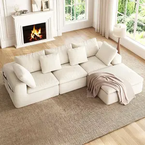SIKAIC 109in Modular Sectional Couch with Ottoman, Convertible L-Shape Cloud Couch, Chenille Deep Seat Sleeper with Storage Pockets for Living Room, Beige