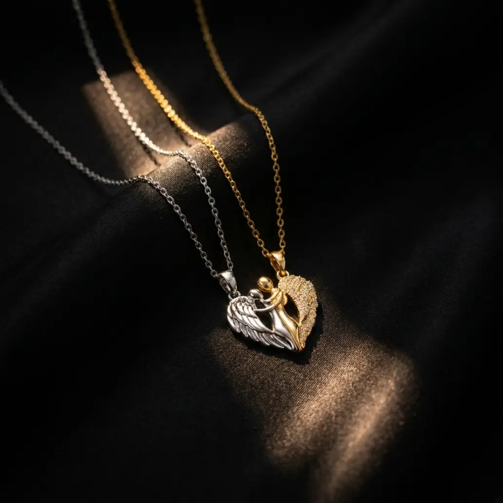 Dainty 2-Tone Gold-Silver Couples Interlocking Half-Heart Pendant Necklace Set, Waterproof Stainless Steel Jewelry, Romantic Gift for Partners