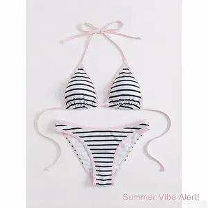 Summer vibration alert! Black and white striped camisole bikini swimsuit set with pink trim - viral beach outfit worth taking photos on InstagramRAIMENTRY