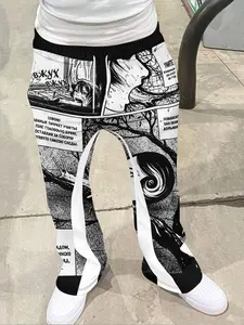 Men's streetwear retro flared pants, Japanese anime style Geometric casual sweatpants, drawstring waistband, white stripes on the sides, tassel decoration on the hem, Fringe
