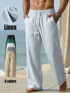 Menswear Men's Linen Long Pants - Loose, Breathable, Lightweight Casual Trousers with Straight Wide Legs for Spring, Summer Menswear Plain Pocket Pocket Beige Beige Fabric Drape Elastic Relaxed Fit Stretchy Vibe Natural Polo Thick