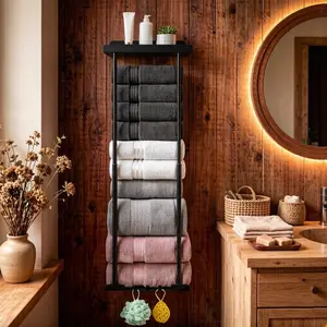 Towel Racks for Bathroom, Bathroom Towel Storage Wall Mounted 30 inch with Shelf Can Holds 6 Large Towels, Wall Towel Rack for Rolled Towels, Black