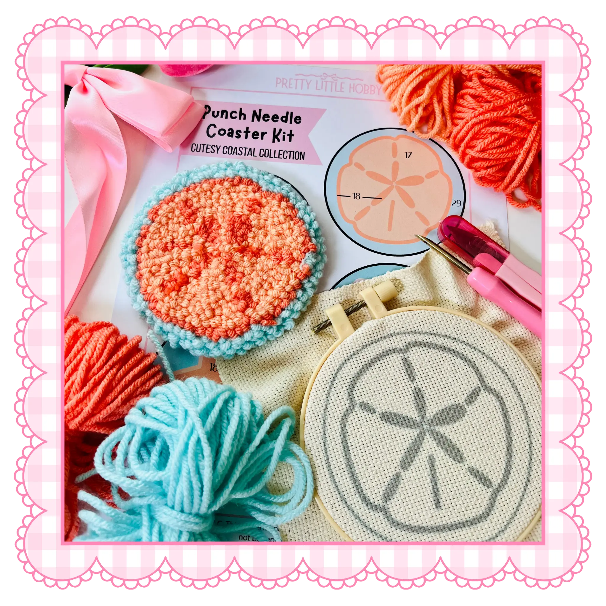 Cutesy Coastal Punch Needle Coaster Kit - Sand Dollar Design