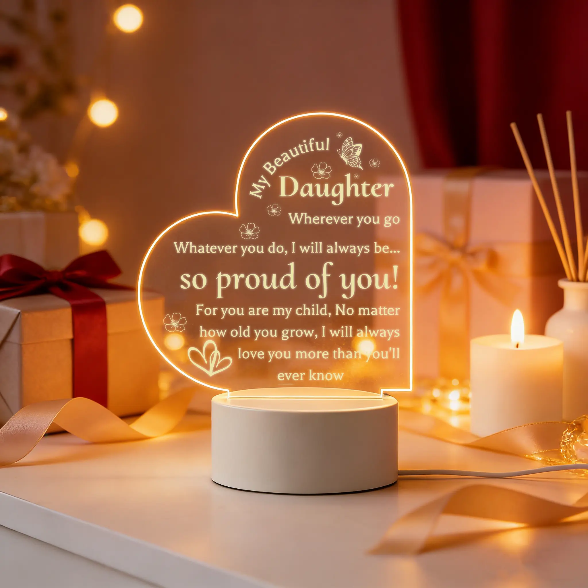 Heart Shape Acrylic LED Ambient Night Light - USB Cable Powered, 12cm Acrylic Insert, 9.5cm ABS Base, Bedside Table Lamp, Warm Glow Home/Festive Decoration, Sentimental Gift for Daughter