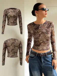Leopard Print Mesh Long Sleeve Top, American Vintage Spice Babe Short Waist Tee, Street Style Slim Fit Underwear