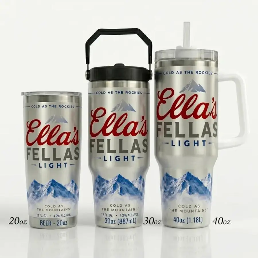 Ella's Fellas Stainless Steel Insulated Beverage Tumbler with Handle, 30-40oz Beer Style, Vintage Lager Inspired Travel Mug, Funny Gift for Beer Lovers