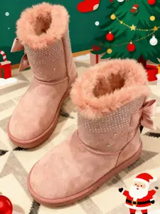 Pink Suede Look Mid-Calf Boots Rhinestone & Bow Accent Warm Winter Shoes