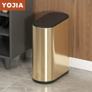 1 ultra-thin gold bathroom garbage bin 1.85 gallon/7L, suitable for crevice spaces, oval double-layer garbage bin, waterproof small garbage bin with lid, stainless steel material, suitable for bedrooms, offices, living rooms, RVs, Bathroom Trash Can