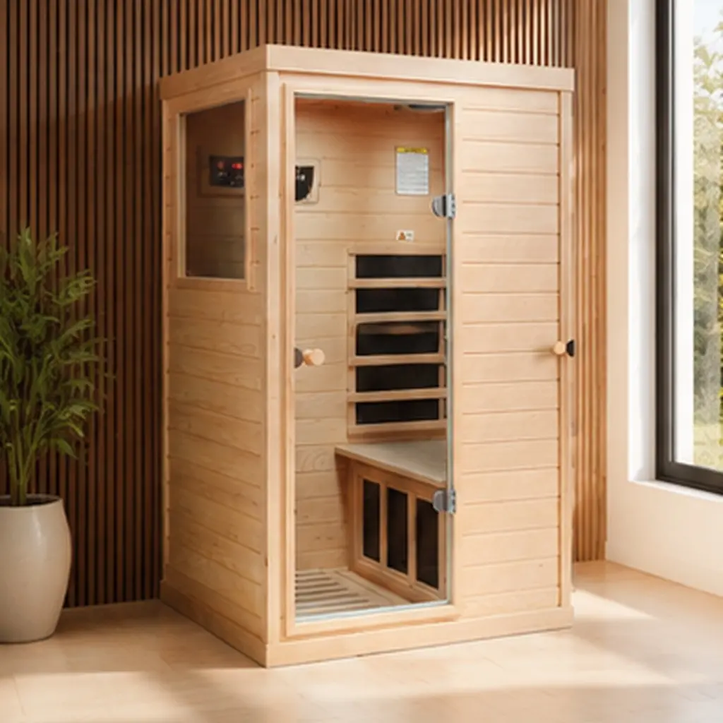 Canadian Hemlock Wood 1-Person Far Infrared Indoor Sauna Room with Left-Hinged Door, Natural Wood Finish, Metal & Wood Construction, LCD Touch Control, Bluetooth Audio, 6 Heating Panels, 1050W, for Home Spa & Relaxation, Natural Wood Color