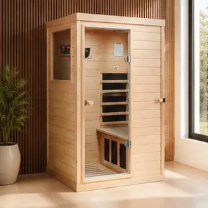 Canadian Hemlock Wood 1-Person Far Infrared Indoor Sauna Room with Left-Hinged Door, Natural Wood Finish, Metal & Wood Construction, LCD Touch Control, Bluetooth Audio, 6 Heating Panels, 1050W, for Home Spa & Relaxation, Natural Wood Color