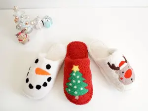 Cute Holiday Theme Embroidered Lounge Slippers - Fuzzy Slippers - Rudolph Snowman - Holiday Tree - Best Winter Gifts - Footwear, Flipflop