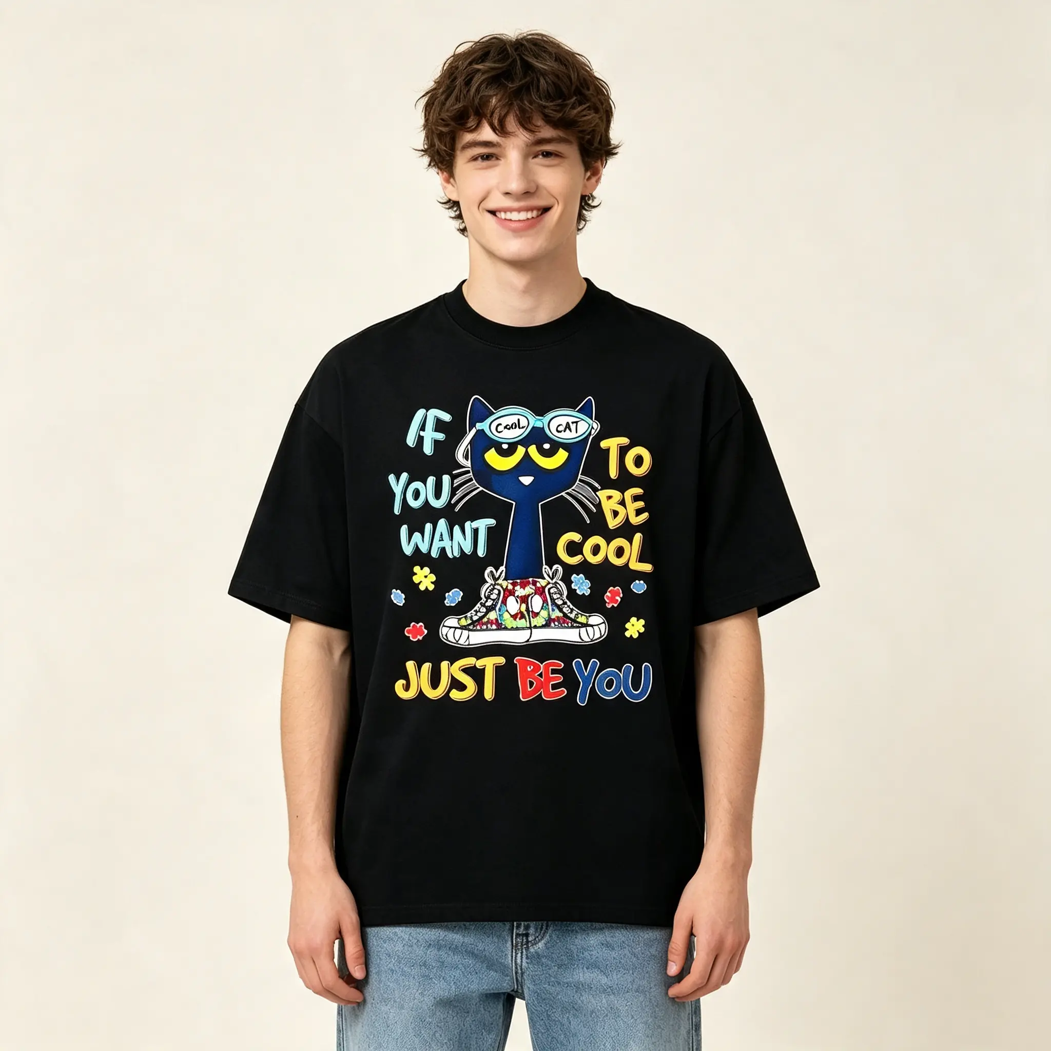 Menswear Short Sleeve Tee - Unisex 100% Cotton Classic Fit Round Neck Graphic Shirt with Cartoon Cat, Preppy Cute Basic Casual Top, Nostalgic Thanksgiving Gift (Size M)
