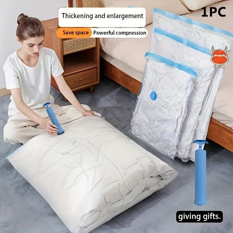 1pc Thickened Vacuum Storage Bags, Reusable Compression Bags, Portable Compression Bags, with Hand Pump, Compression Vacuum Sealer Bags for Bedding, Clothes & Blankets, Space-Saving Storage Solution for Home, Closet & Travel, Space Saver Storage