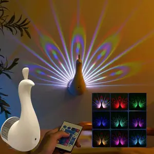 Peacock Wall Light: Remote Control LED Projection Night Light - Modern Bedroom Decorative Lighting, 9-Color Adjustable USB Charging Rainbow Projection Night Light (Pink)