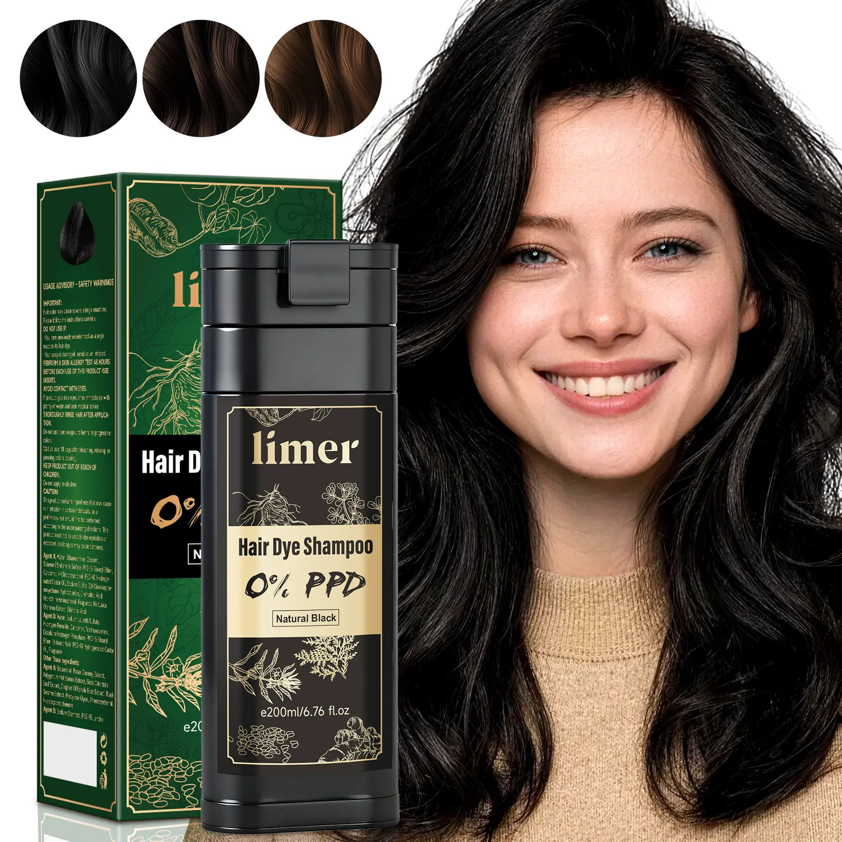 Limer 6-in-1 PPD-Free Hair Dye Shampoo,  Ammonia-Free, Gray Coverage, Herbal Ingredients, Natural Hair Health, Easy Application