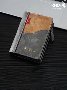 Vintage Colorblock Short Wallet with Multiple Card Slots, Zipper Dividers, Rfid Theft Protection, Durable for Urban Men