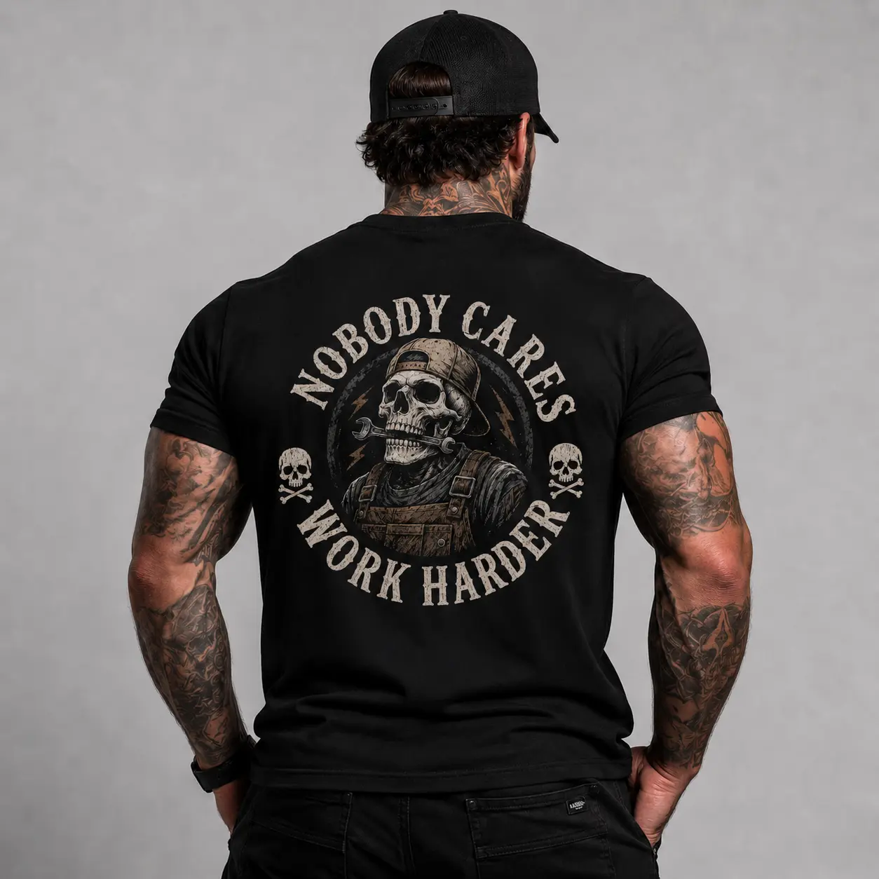 Nobody Cares Work Harder Graphic T-Shirt for Men, Vintage Washed Oversized Skull Tee, Casual Streetwear Workout Shirt