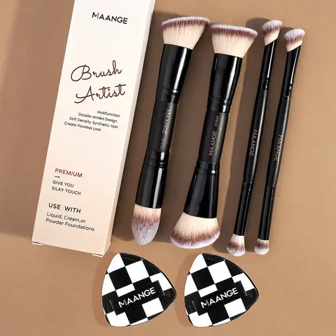 MAANGE Soft Makeup Brushes 6-Tool Mini Kit - Polyester Synthetic Hair, Powder Puff, Double-Sided Fine Eyeshadow Brush, All Beginners-Friendly Portable Black Beauty Tool for Concealer, Highlight