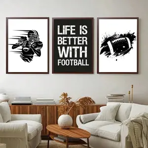 3pcs canvas mural poster with wooden frame - Personalized American football jersey mural print, football jersey poster, gift for him, black and white sports room decoration, perfect for mural painting, Hanging Wall Art