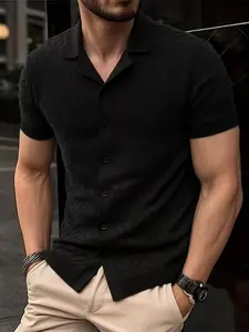 Men's New Spring Summer Casual Knitwear, Solid Color Polo Neck Striped Short Sleeve Sweater, Slim-Fitting Button Closure