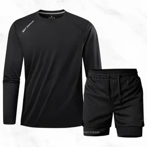 Night Exercise Ultimate Autumn Men's Activewear Combo Black Quick-Dry Breathable Long Sleeve Top & Faux Two-Piece Mesh Shorts for Night Runs and Gym Workouts