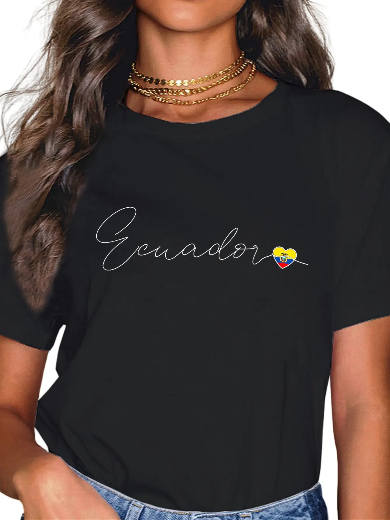 Women's Graphic T-Shirt, Vintage Style with Ecuadorian Flag Heart Print, 100% Cotton Short Sleeve Streetwear Top, Shortsleeve, Casual, Everyday, Tshirt, Round Neck