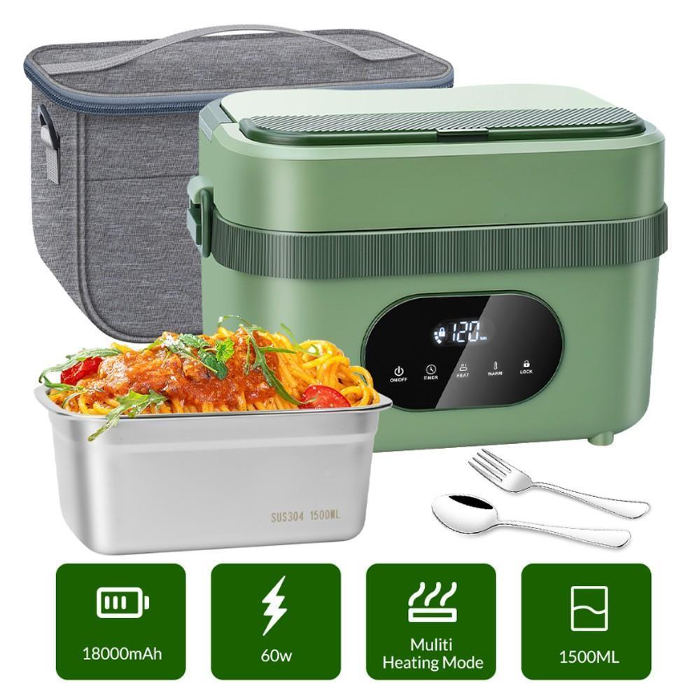 Cordless Heated Lunch Box 1.5L, Electric Food Warmer with 18000mAh Rechargeable Battery, 60W Lunch Box with Timer for Work Travel