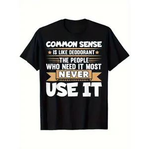 Men's Casual Graphic T-Shirt, Lightweight Short Sleeve Crewneck in 100% Cotton Knit Fabric with "Common Sense" Funny Slogan
