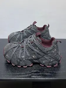 Spring New Fashion European Style Rhinestone Dad Shoes for Women, Comfortable All-Season Casual Athletic Trainer Sneakers, Thick Sole Textile Shoes