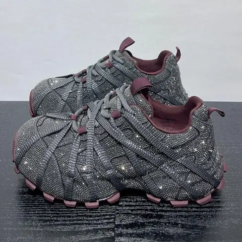 Spring New Fashion European Style Rhinestone Dad Shoes for Women, Comfortable All-Season Casual Athletic Trainer Sneakers, Stylish Sneaker, Thick Sole Textile Shoes, Studded Sneakers, Rhinestone Embellished Sneakers, Fashion Footwear Sneakers