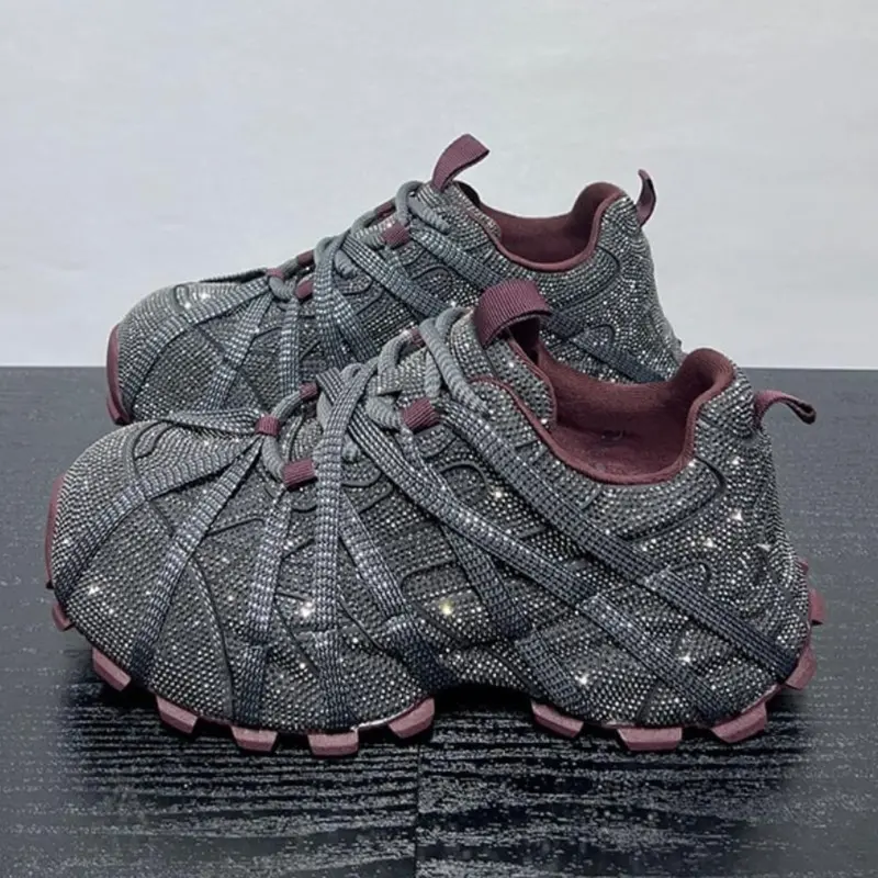 Spring New Fashion European Style Rhinestone Dad Shoes for Women, Comfortable All-Season Casual Athletic Trainer Sneakers, Stylish Sneaker, Thick Sole Textile Shoes, Studded Sneakers, Rhinestone Embellished Sneakers, Fashion Footwear Sneakers