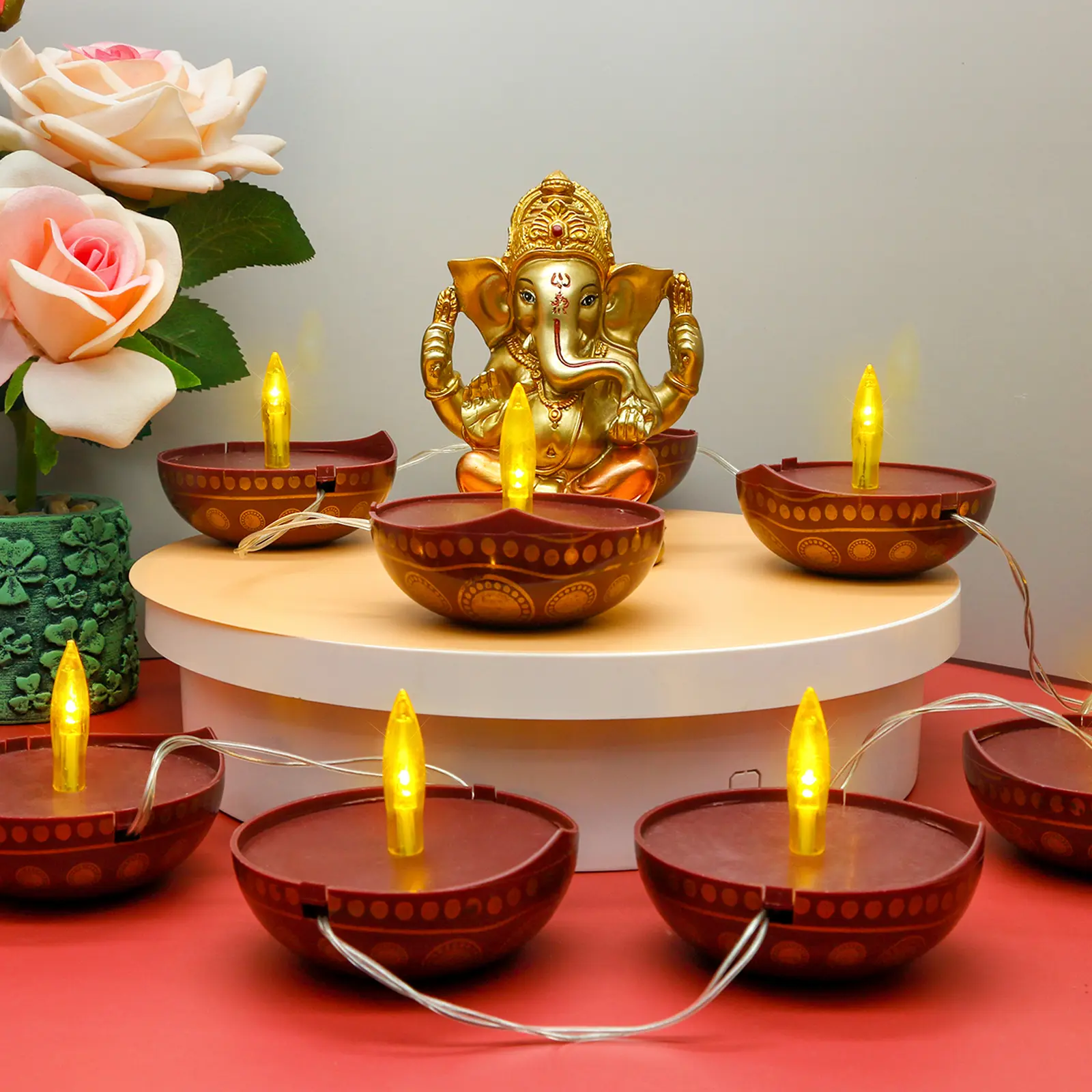 alikiki 10PCS LED Diwali Diya String Lights - Battery Operated Religious Celebration Lighting, Home Decor for Pooja Room Mandir, Wall Hanging Hindu Festive Gift