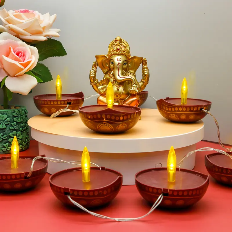alikiki 10PCS LED Diwali Diya String Lights - Battery Operated Religious Celebration Lighting, Home Decor for Pooja Room Mandir, Wall Hanging Hindu Festive Gift