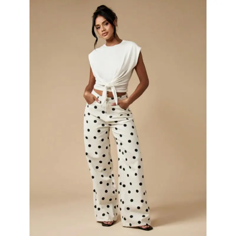 Women's Fashion Abstract Polka Dot Print Loose Pocket Casual Wide Leg Pants, Comfortable High Waist Bohemian Trousers Fit for Daily Wear