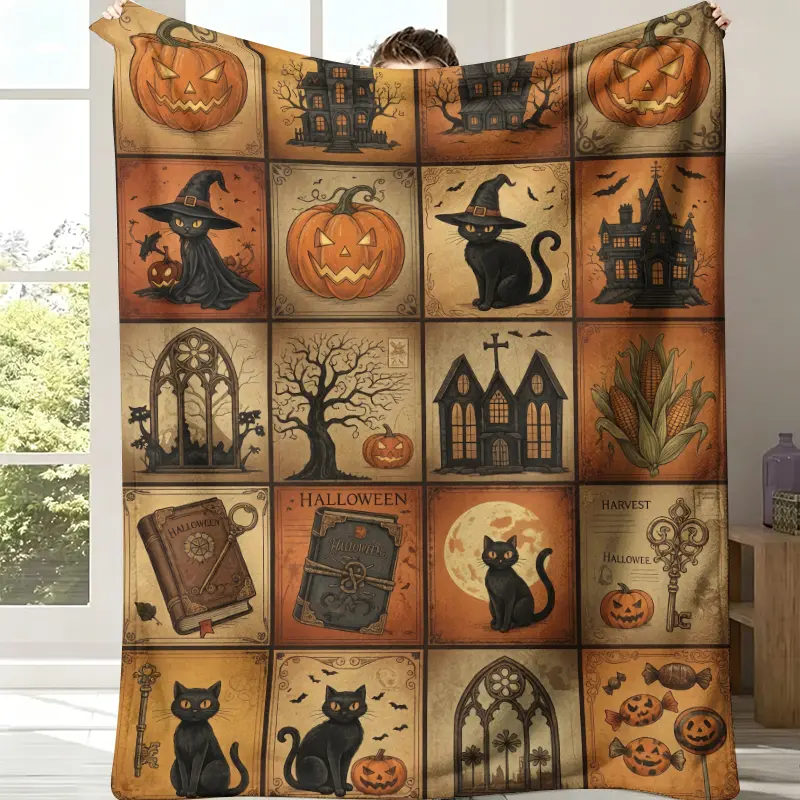 Vintage Halloween Patchwork Throw Blanket - Retro Spooky Black Cat, Pumpkin, Haunted House, Witch Hat Design - Gothic Home Decor, Nostalgic Decor, Cozy Setup, Snug as a Bug in a Rug for Sofa Bed Couch