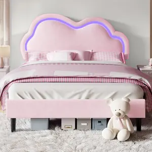 [Summervibes] ALBOTT Upholstered LED Bed Frame, Princess Cloud Platform Bed for Kids/Girls with Adjustable Velvet Headboard, Wood Slats Support, No Box Spring Needed