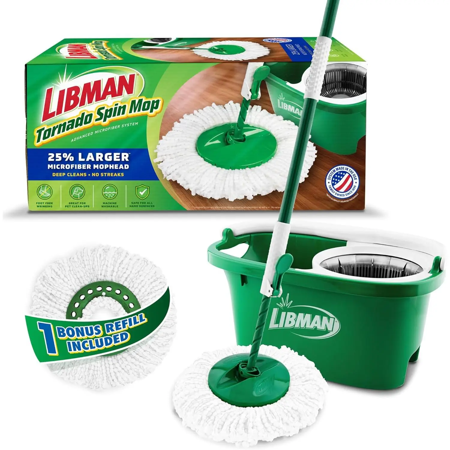 Tornado Spin Mop System with Bucket and Wringer, 2 Total Washable Heads (1 Refill Included) for Hardwood Floor Deep Cleans, Home Supplies Mop Set