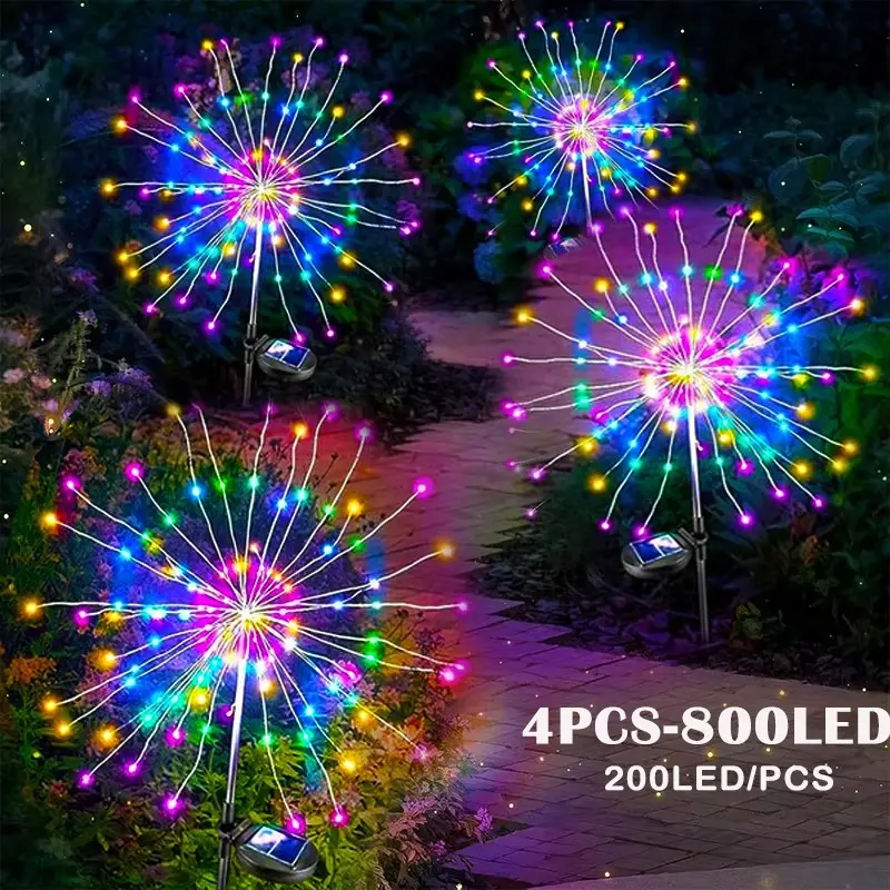 Solar Firework Lights Outdoor 4 Pack, 200 LED Solar Starburst Garden Lights with 8 Modes,Waterproof Decorative Sparkler Light for Backyard, Garden, Patio & Lawn Landscape Decor