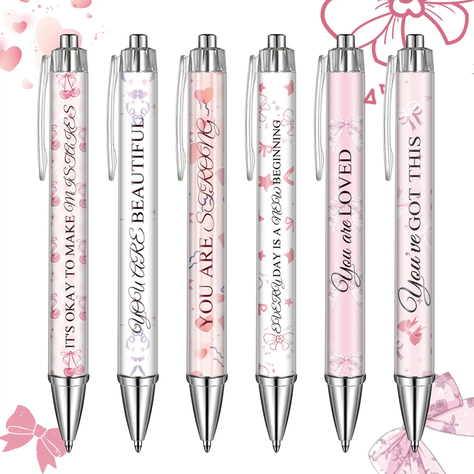12/6 Pcs Cool Pens, Coquette Bow Inspirational Ballpoint Pens Pink Bow Retractable 0.7 mm Black Ink Coquette Aesthetic Cute Journal Pens for Journaling Writing Supplies Gifts for Girls, College Students