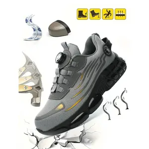 Men's Lace Up Low Top Anti Piercing & Anti Smashing Safety Shoes with Rotating Button, Casual Comfortable Breathable Contrast Mesh Work Shoes, Contrast Mesh Design Anti-slip Shoes for Outdoor Work, Working Shoes
