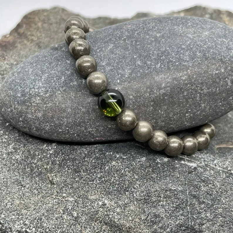 Genuine Moldavite and Iron Pyrite Beaded Bracelet